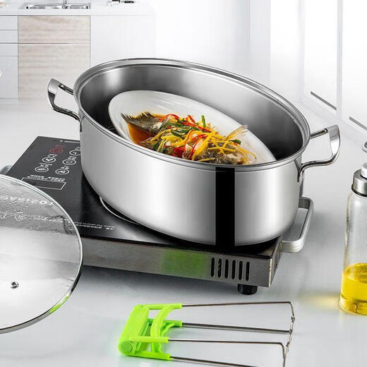 304 fish steamer household artifact stainless steel large capacity large steamer steamer induction cooker oval fish pot 410 food contact steel thickened single layer 1 layer 39cm
