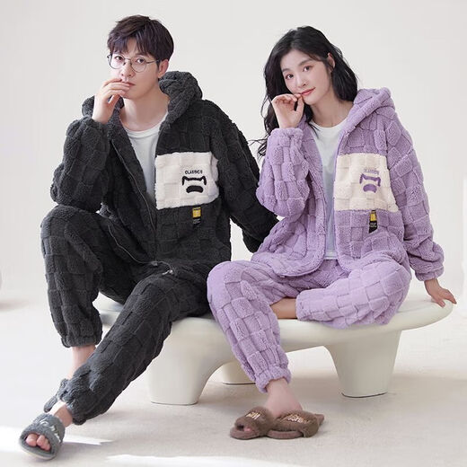 Victoria's style new autumn and winter thickened flannel couple pajamas for one man and one woman for women warm coral velvet home wear set 152 couple M female + male L
