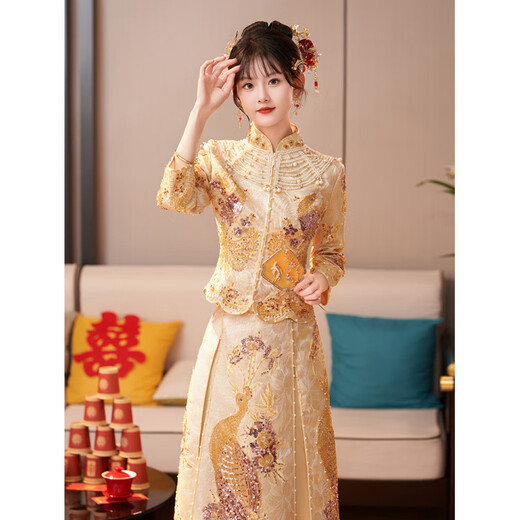 ROAR UTHAUG Champagne Show and Dress Bridal 2024 New Chinese Style Wedding Dress Small Toast Dress Autumn and Winter Wedding Dress High-end Gold Beads (No Headgear) S
