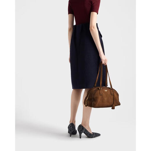 PRADA FW25 Light Luxury Women's Brown Suede Medium Bowling Shoulder Bag Brown One Size