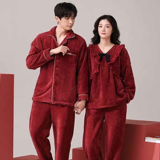 Victoria style wedding couple pajamas winter coral velvet warm red zodiac year newlywed men and women home wear outer suit CY9950 M female + male L