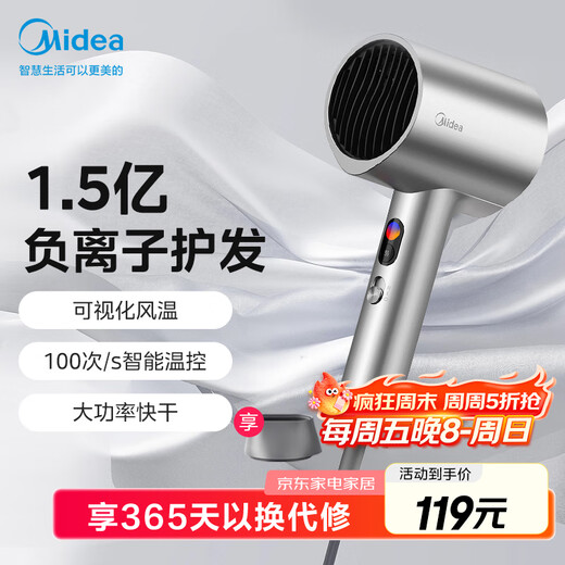 Midea 150 million negative ion hair dryer, high-power hair care hair dryer, household hair dryer, home appliance national subsidy FD205-Starlight Silver, holiday/birthday gift recommendation