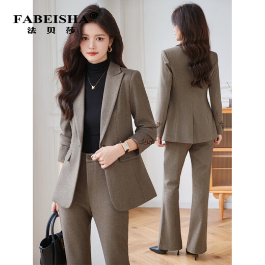 Faberza light brown woolen suit for women in autumn and winter thickened temperament goddess style small commuting suit jacket for women light brown suit + pants L