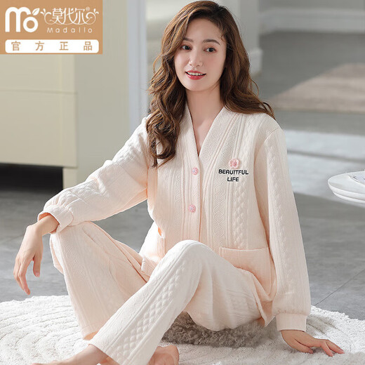 莫代尔三层夹棉睡衣女秋冬新款长袖大码空气棉夹层加厚套装可外穿家居服 4839 L 建议110-120斤