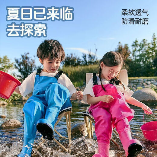 Oein children's waders, outdoor waders, sea wear, water play, fishing suspenders, one-piece shoes, waterproof beach, blue size 25, inner length 16CM