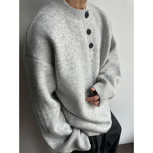 Jingyan selects light gray Henry collar plus velvet sweater for men, winter lazy style sweater, American retro wool, light gray upgraded version 90 selection M M