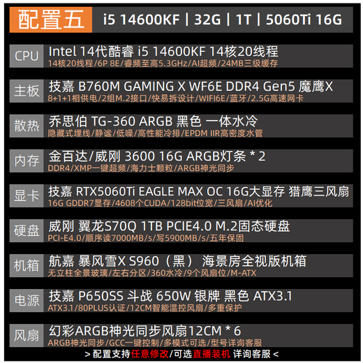 Gigabyte 24-month interest-free i5 14600KF/12600KF/5060Ti/9060XT e-sports network game live broadcast design rendering home desktop complete assembly computer host 5 i5 14600KF丨5060Ti 16G