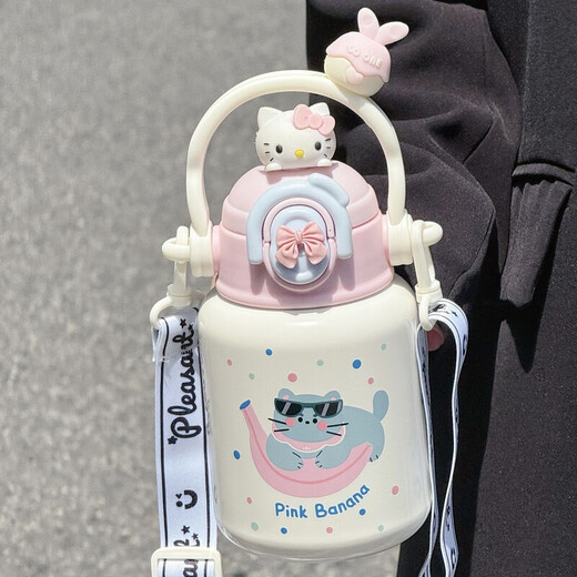 Fantasy Hello Kitty thermos cup for children, cute and good-looking water cup for girls, Sanrio DIY large-capacity straw pot, kitty cat (relaxed blue cat) 550mL, cleaning brush, non-slip bottom + portable + strap + two drinks + paint process