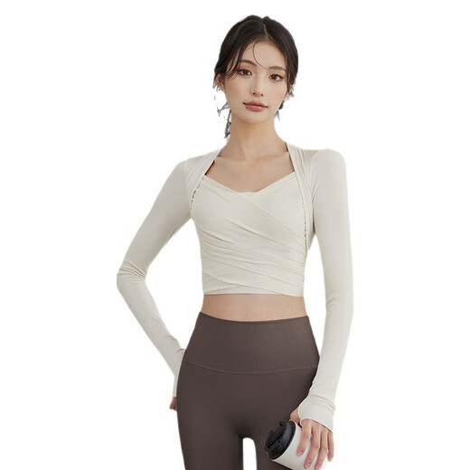 Youyou yoga clothing women's suit 2025 autumn and winter quick-drying breathable Pilates training fitness clothing long-sleeved top off-white fixed cup / mesh splicing M recommended 100-110Jin Jin equals 0.5 kg