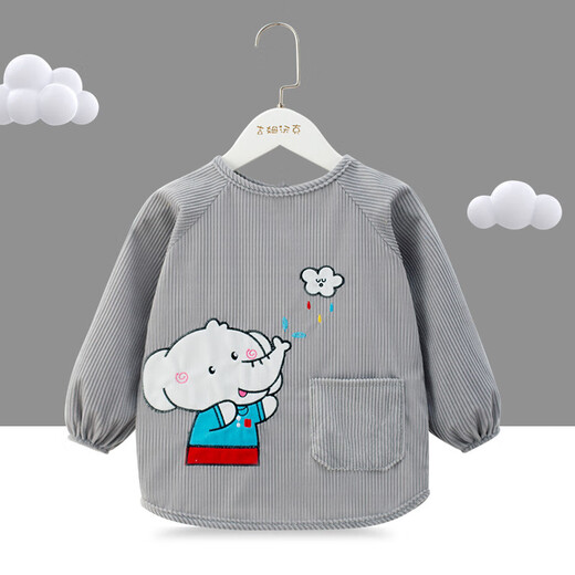 Baby smock, waterproof and anti-dirty rice pocket, autumn and winter children's back-to-back apron for eating, women's clothing, baby bib, Naughty Elephant Beige, size 80 14 (recommended height 70-)