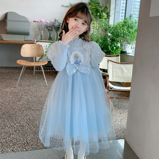 Annie Youer Girls Elsa Princess Dress Autumn Sweater Skirt Children's Dress Autumn and Winter Frozen Girl Elsa Dress Blue Velvet 110