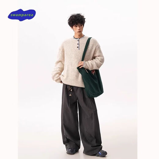 SWAMP AREA American Henry collar sweater for men in autumn and winter new style lazy high-end sweater top jacket light apricot trendy best-selling model M 160-170CM 95-110Jin Jin equals 0.5 kg