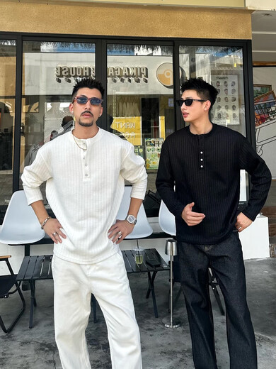 Popular young men's old money style Henry collar bottoming shirt for men in autumn textured long-sleeved inner wear handsome casual top black 2XL one size fits all