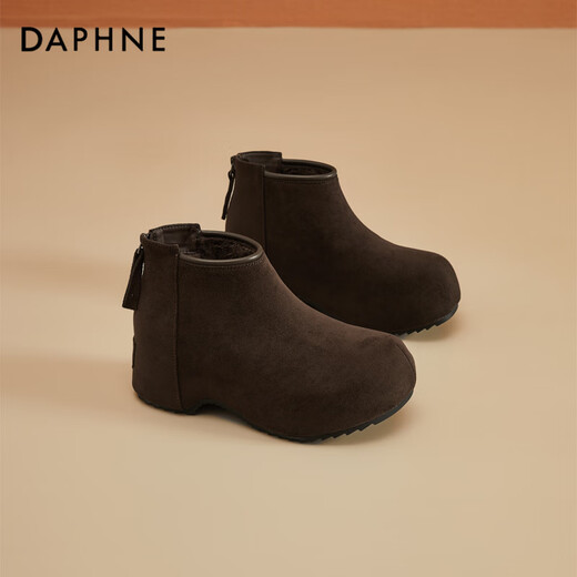 Daphne short boots for women thick-soled low-heeled inner heightening solid color plus velvet comfortable round toe back zipper ankle boots for women brown 37