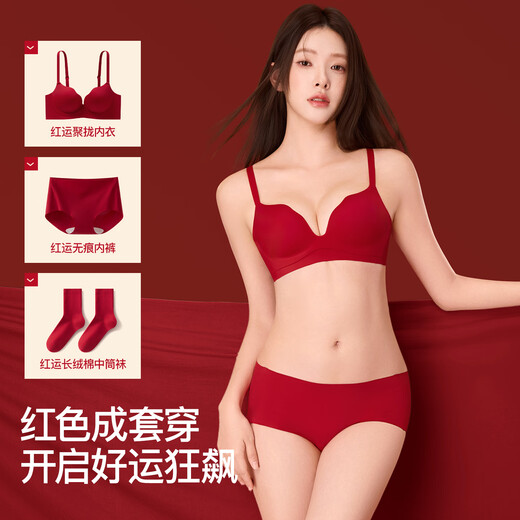 SecretWorld Secretworld red underwear for women with small breasts gathered in the Year of the Snake and the year of the zodiac for the wedding bride underwear and bra set, lucky 3-piece gift box set, underwear + underwear + socks L