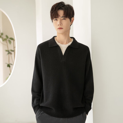 Falling lazy and relaxed henley collar men's wool sweater spring and autumn versatile pullover sweater jacket black L