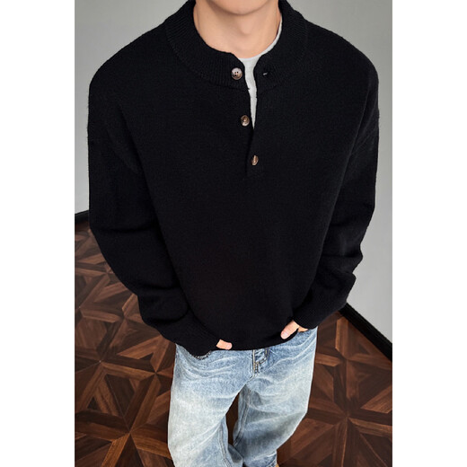 Old Money Style Henley Collar Sweater Men's Spring and Autumn Loose Trendy Heavyweight Knitwear Trendy Brand Premium Sense Floral Gray 2XL