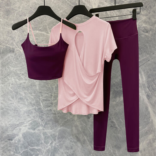 Yoga wear for women 2025 new shorts suit summer Pilates thin gym sports quick-drying professional running wear magenta purple bra (fixed cup) + magenta purple 5-point pants S