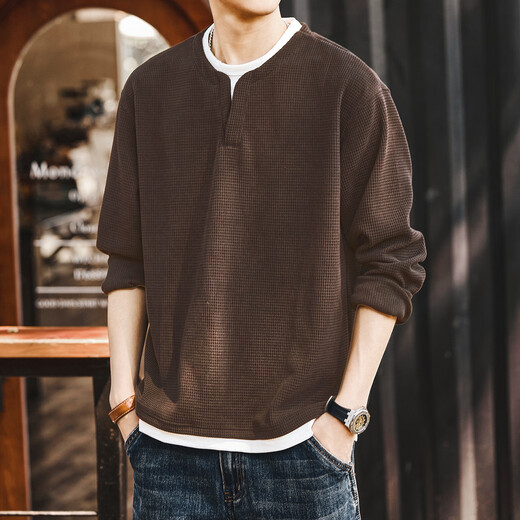 Gelu high-end coffee color fake two-piece V-neck long-sleeved T-shirt for men in autumn and winter plus velvet inner sweatshirt bottoming Henry shirt coffee color M M suitable for 100-130 Jin Jin equals 0.5 kg