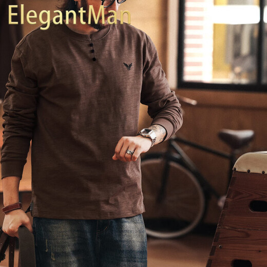 ElegantMan American outdoor mountain bamboo cotton long-sleeved T-shirt men's autumn new tough guy Henry collar bottoming shirt Brown M _Suitable for 110-130Jin Jin equals 0.5 kg