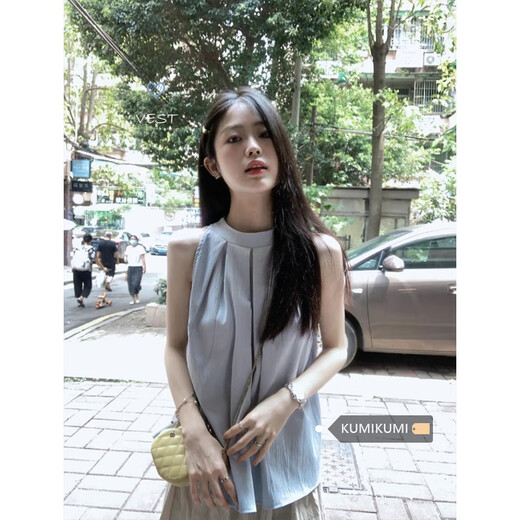 French sweet vest women's summer outer wear niche blue shirt temperament hanging neck suspender loose sleeveless top black S