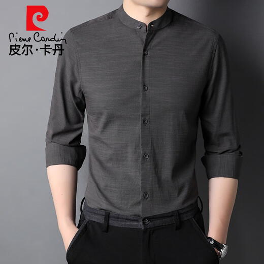 Pier Cardin Camisa de manga larga Collar de pie para hombres Camisa de color sólido Camisa de color sólido Algodón de algodón de algodón de edad de mediana edad y joven primavera y otoño Top 9930 Light Blue 175/L