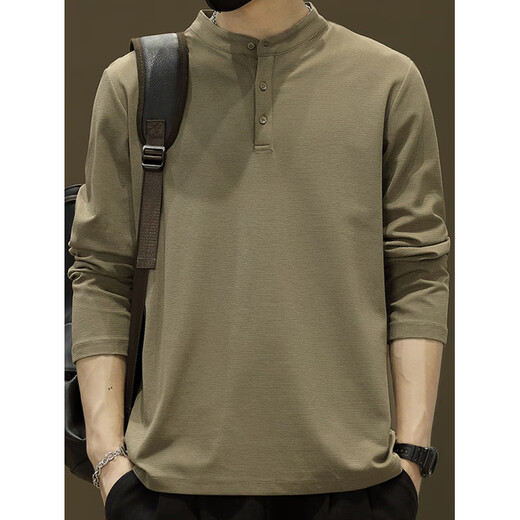 Falling retro Henry collar long-sleeved T-shirt men's new spring and autumn ins winter wear velvet thickened sweatshirt bottoming shirt white L 120Jin Jin is equal to within 0.5 kg