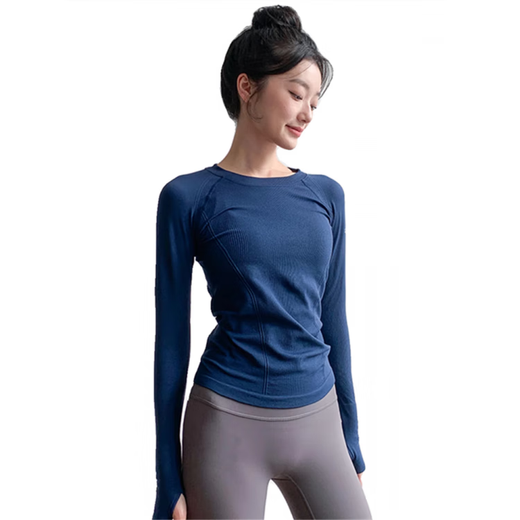 Duofanlian Lulu Yoga Clothing Top Women's Tight Highly Elastic Running Sports Long Sleeve Pilates Training Navy S (100Jin Jin is equal to less than 0.5kg)