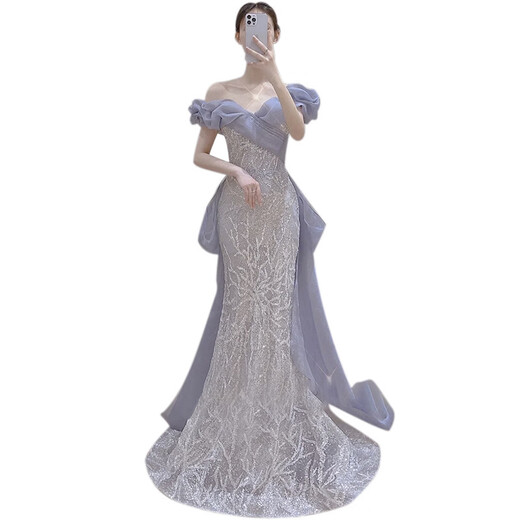 Misid New Year's Eve New Year's Eve party dress for women, new sequined fishtail skirt, French high-end one-shoulder slim dress, fishtail skirt, XS, one size fits all