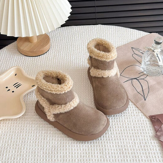 Genuine leather girls' cotton shoes, winter children's velvet shoes, warm snow boots, baby winter shoes, furry shoes, Birkenstock boots, khaki flagship version, upgraded quality 25, inner length 15.5cm