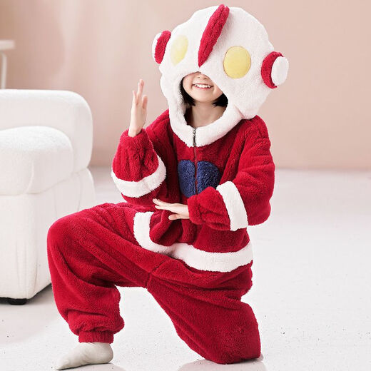 连体睡衣女童秋冬款儿童睡袋珊瑚绒加厚女孩男宝宝红色奥特曼爬服 红色 90 身高80cm左右