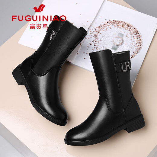 Fuguiniao boots women's mid-calf boots genuine leather Martin boots autumn and winter plus fleece warm short boots plus fleece 37