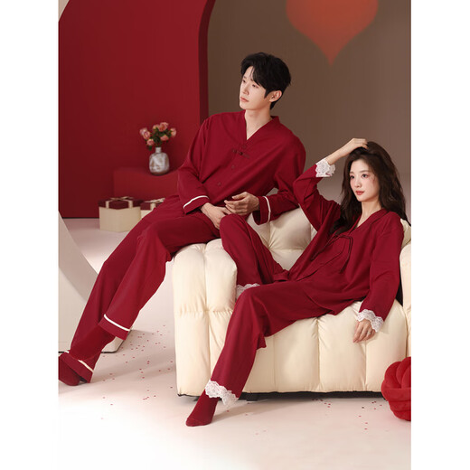 Yalu Red Couple Pajamas Pure Cotton Long Sleeve Wedding Suit for Men and Women for Spring and Autumn Chinese Style Festive Home Clothes Female M+ Male L M BY-Male 7211-Female 6211 Long Sleeves + Trousers