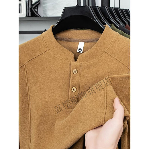 Qiangying Xinxin light luxury men's double-sided German velvet bottoming shirt men's Henry trendy versatile long-sleeved T-shirt stand-up collar sweatshirt green 3XL 175-200Jin Jin equals 0.5 kg