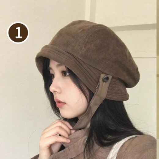 2025 new high-end all-match hat for women in autumn and winter corduroy fisherman hat black big head circumference showing face small beret new corduroy beret coffee color