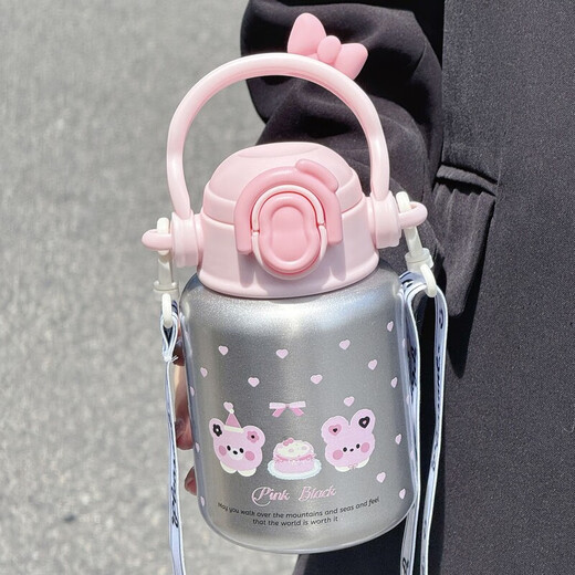 Fantasy Hello Kitty thermos cup for children, cute and good-looking water cup for girls, Sanrio DIY large-capacity straw pot, kitty cat (relaxed blue cat) 550mL, cleaning brush, non-slip bottom + portable + strap + two drinks + paint process