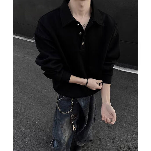 Jingyan selects cleanfit Henry collar sweatshirt for men, spring and autumn American retro polo shirt, handsome, trendy and loose, black M M95 to 115Jin Jin is equal to 0.5kg and can be worn