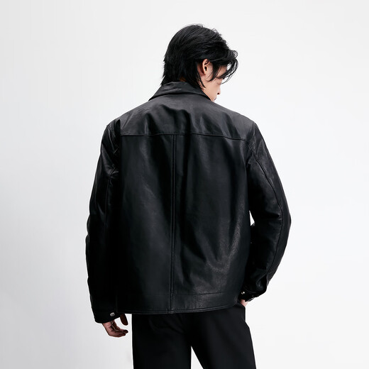 JACK&JONES Men's 2025 Winter Leather Texture Sheep Leather Trendy Jacket E40 Black 175/96A