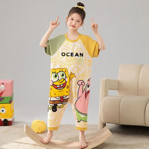 Girls one-piece pajamas summer thin pure cotton short-sleeved snap sleeping bag children baby little girl air-conditioned home clothes M02 one-piece cotton one-piece suit recommended by the store manager 90 size 8 height 90-103cm