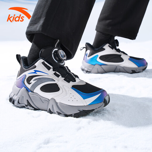 ANTA Children's Cotton Shoes 2026 Autumn and Winter New Men's and Large Children's Leather and Velvet Knob High-top Mountaineering Snow Boots Black/Silver-3 35