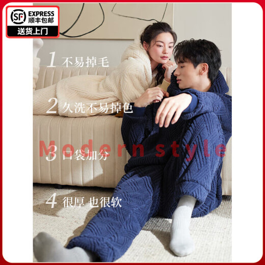 FENTENGG anti-static sherpa couple hooded pajamas for women winter coral velvet thickened men's home wear set 64401 milk white-female L