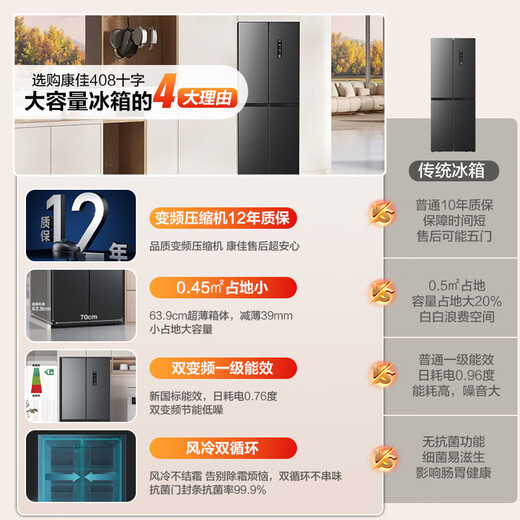 Konka 408 liters intelligent variable frequency ultra-thin embeddable cross-fold double four-open first-class energy efficiency air-cooled frost-free large-capacity household refrigerator appliance BCD-408WPEG4S