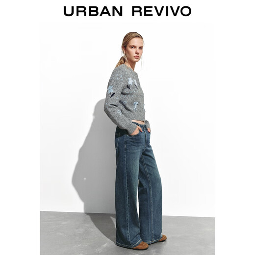 UR2025 new winter women's casual denim washed wide-leg fleece denim trousers UYY850268 blue 27