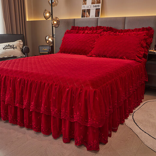 Fantasy thickened high-end baby velvet quilted bed skirt bed cover single piece red high-end lace autumn and winter Shengshi Landai-plain silver gray high-end baby velvet thickened and warm 200cmx220cm bed skirt + pillowcase 2 pieces