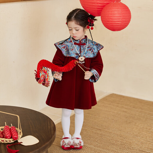 LUSON Children's Clothing Baby Girl New Chinese Style Cloud Shoulder Red Dress 2026 New New Year Velvet Skirt New Year's Eve Clothing