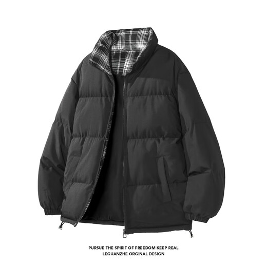 Veluya winter stand-up collar Hong Kong style bread plaid cotton coat men's autumn and winter new thickened cotton coat American coat cotton jacket black L