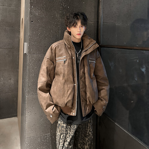 NYING Maillard PU leather cotton jacket men's winter new trendy brand thickened warm stand-up collar cotton jacket handsome loose cotton jacket brown XL