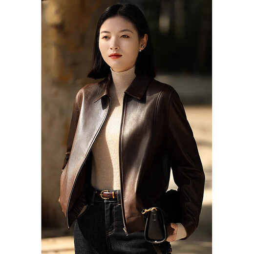 KAISER Kaiser Leather Jacket Women's Genuine Leather Lapel Waist Lambskin Single Leather Jacket Autumn Leather Jacket Women's Brown M