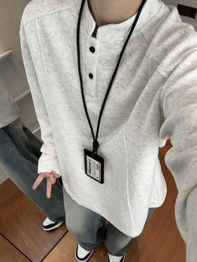 Jingyan selects white and gray henley collar long-sleeved polo shirt for men in autumn and winter, right shoulder sweatshirt, American style inner layer, white and gray upgraded model 95 users choose M M