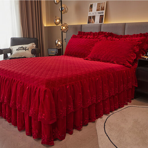 Fantasy thickened high-end baby velvet quilted bed skirt bed cover single piece red high-end lace autumn and winter Shengshi Landai-plain silver gray high-end baby velvet thickened and warm 200cmx220cm bed skirt + pillowcase 2 pieces